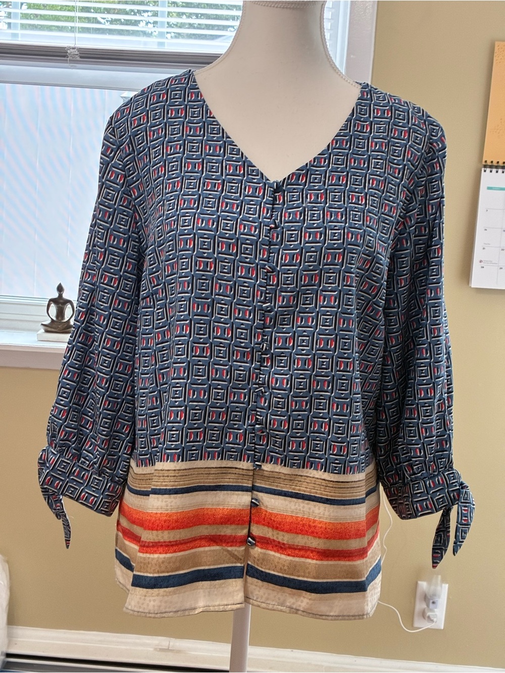 Chico's Navy Geometric Blouse with Striped Hem